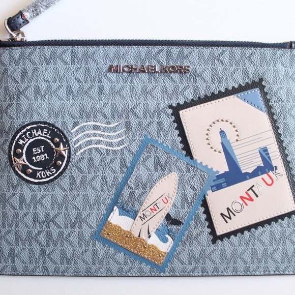 Michael Kors Montauk Clutch Saffiano Leather Pale Blue Authentic - Picture 3 of 5